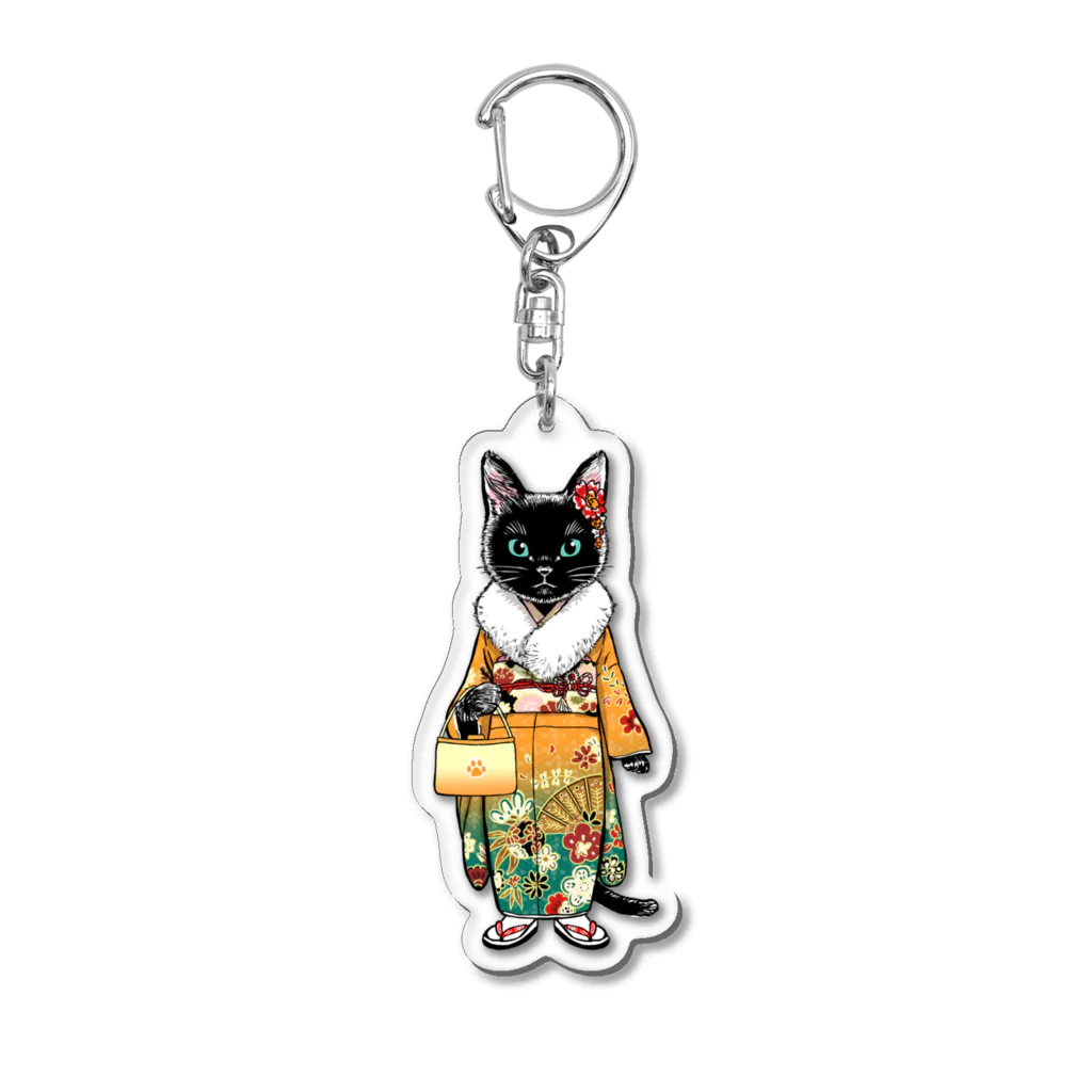 OKAYU_FACTORYの黒猫の振袖着物ファーショールあり Acrylic Key Chain