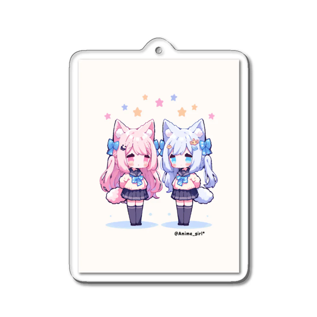 Anime_girl*の【Anime_girl*】Pixel art cat2girls pink×blue Acrylic Key Chain