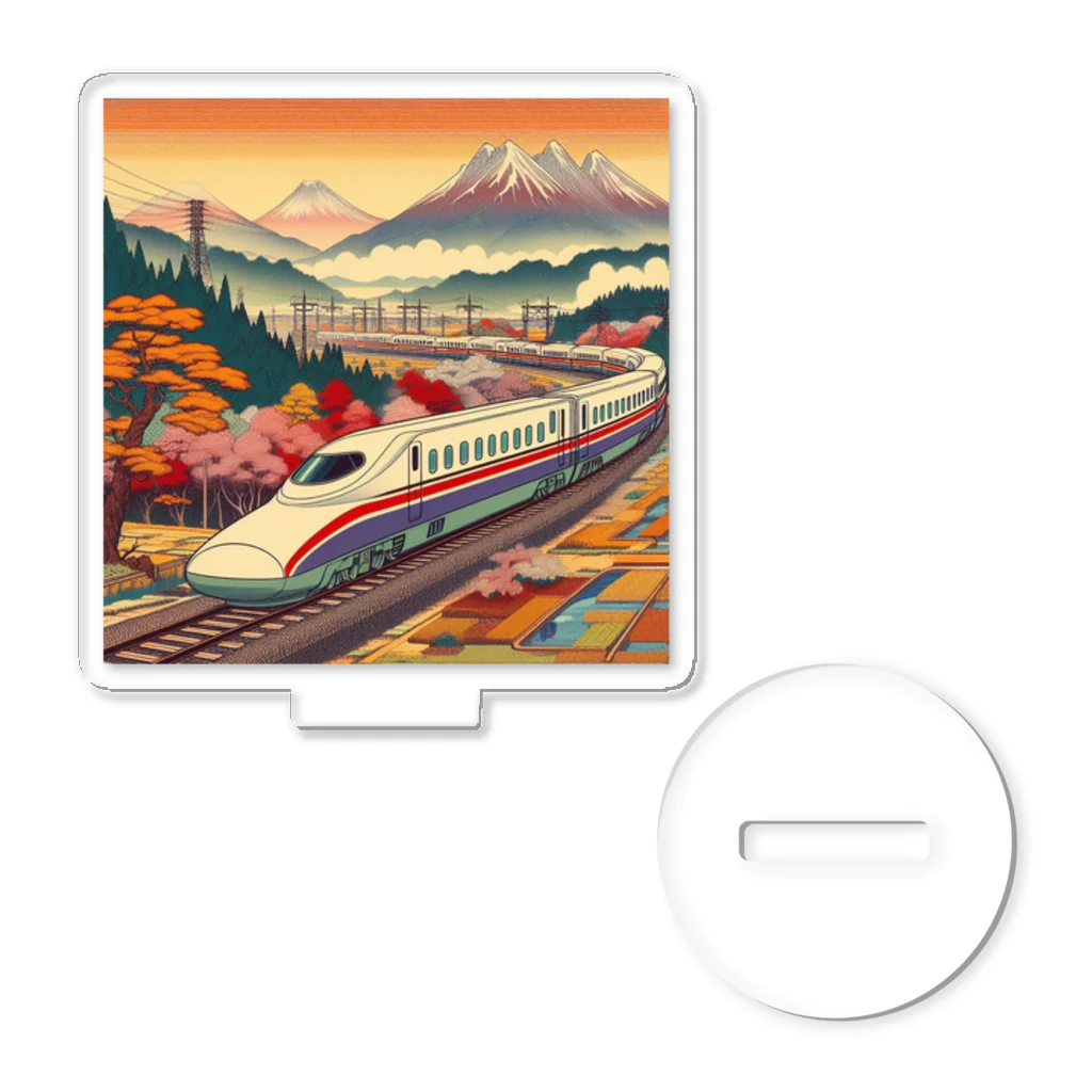 日本の風景 COOL JAPANの日本の風景:田園地帯を駆け抜ける新幹線、Japanese scenery: Shinkansen running through the countryside Acrylic Stand