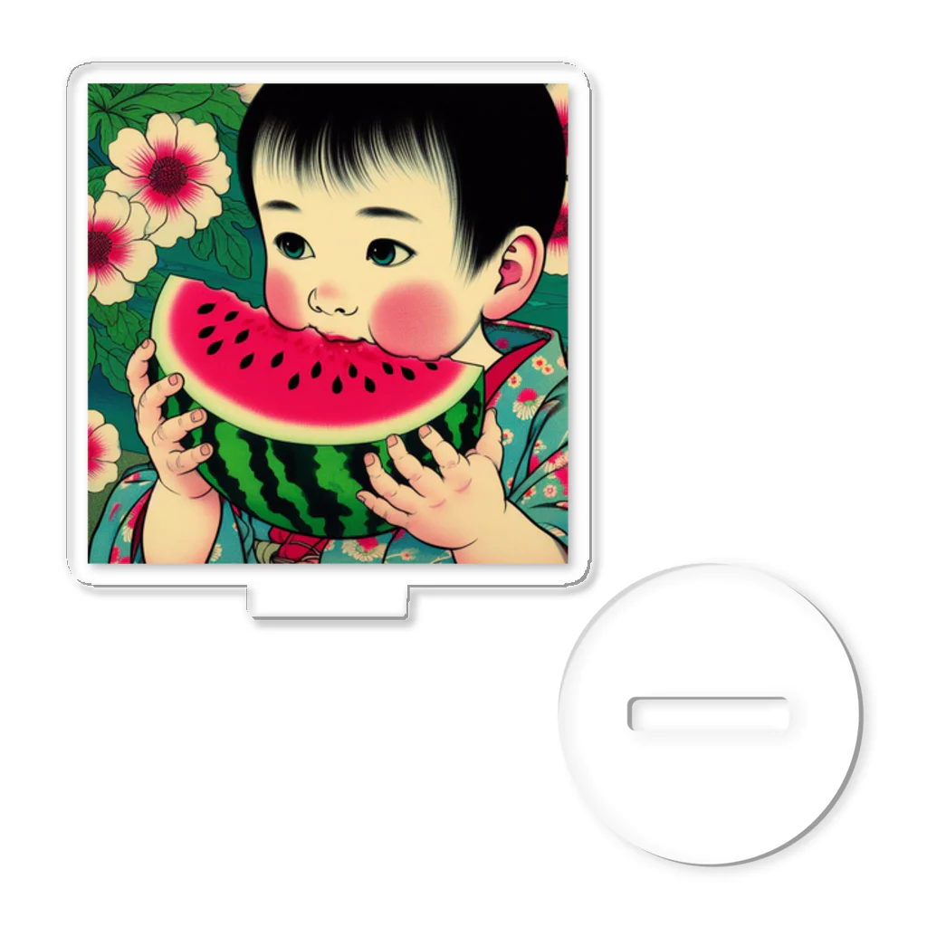 日本の風景 COOL JAPANの日本の風景:スイカを頬張る子ども、Japanese  scenery:A child stuffing his mouth with watermelon Acrylic Stand