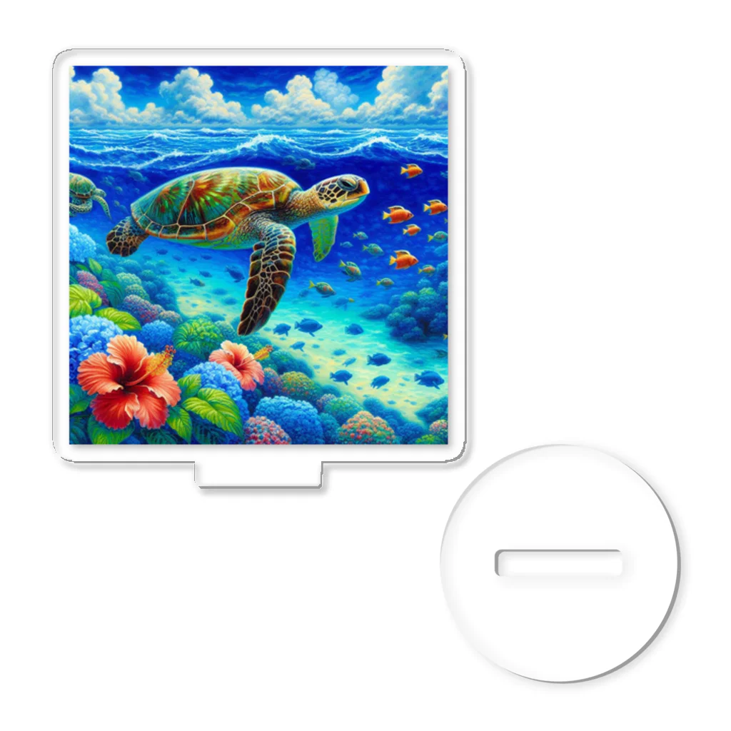 日本の風景 COOL JAPANの日本の風景:沖縄渡嘉志久ビーチの泳ぐ海がめ、Japanese scenery: Sea turtle swimming at Tokashiki Beach, Okinawa Acrylic Stand