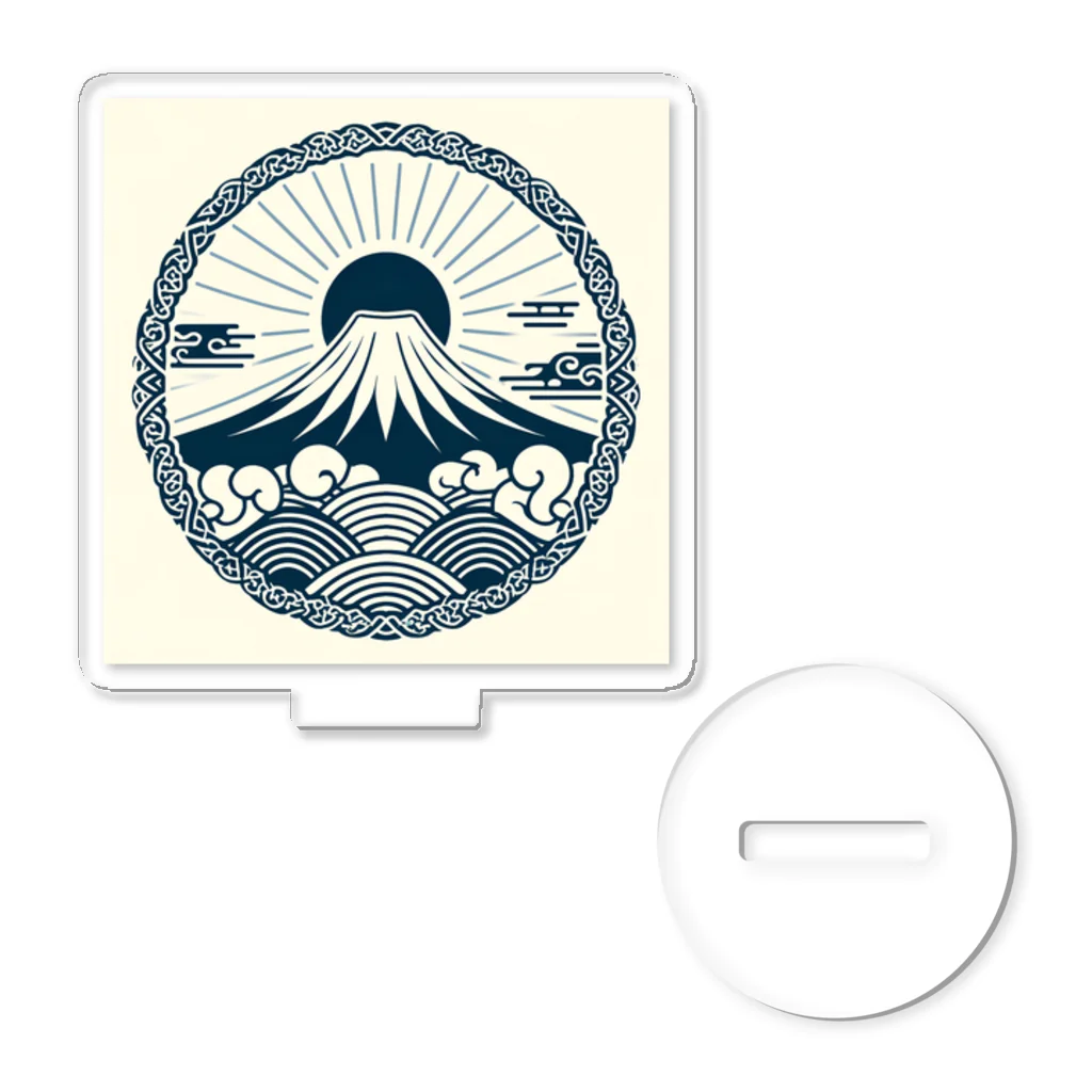 Cool Japanese CultureのMinimalist Traditional Japanese Motif Featuring Mount Fuji and Seigaiha Patterns Acrylic Stand