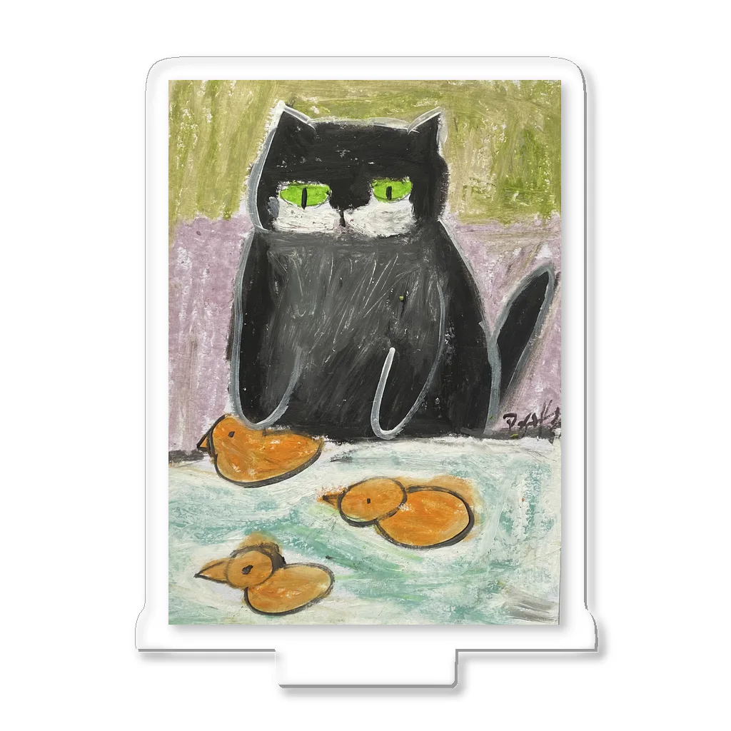 みにゆん　ねこのかわいい黒猫がプールで泳いでいるアヒルを楽しそうに見ている アクリルスタンド