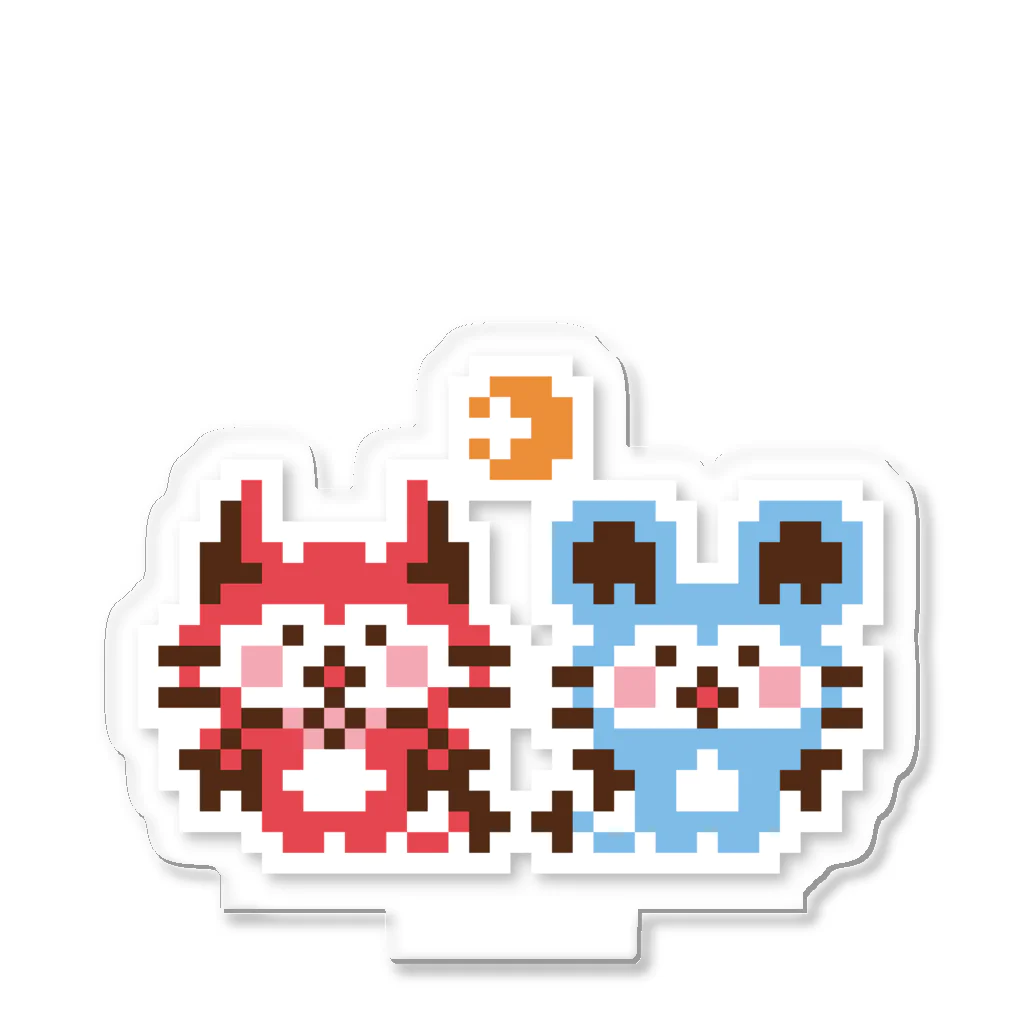 ミニマムユニヴァース@SUZURIのデビねこくんとデビねずちゃんと月のドット絵 アクリルスタンド アクリルスタンド