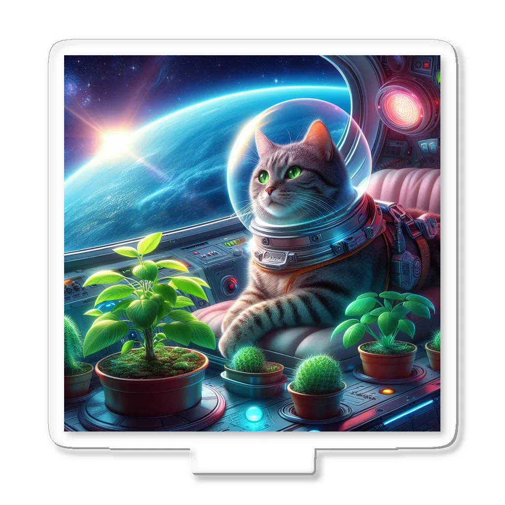 ニャーちゃんショップの宇宙船で植物を育てながら宇宙旅行している猫 Acrylic Stand