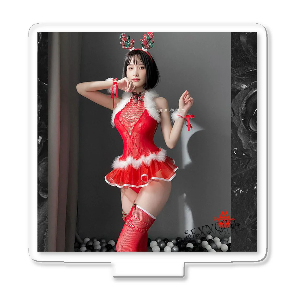 japanshopeesのWomen Femme Ruffle Hollow Out Teddy Bodysuit Bows Stocking Red Christmas Victorias Secret アクリルスタンド