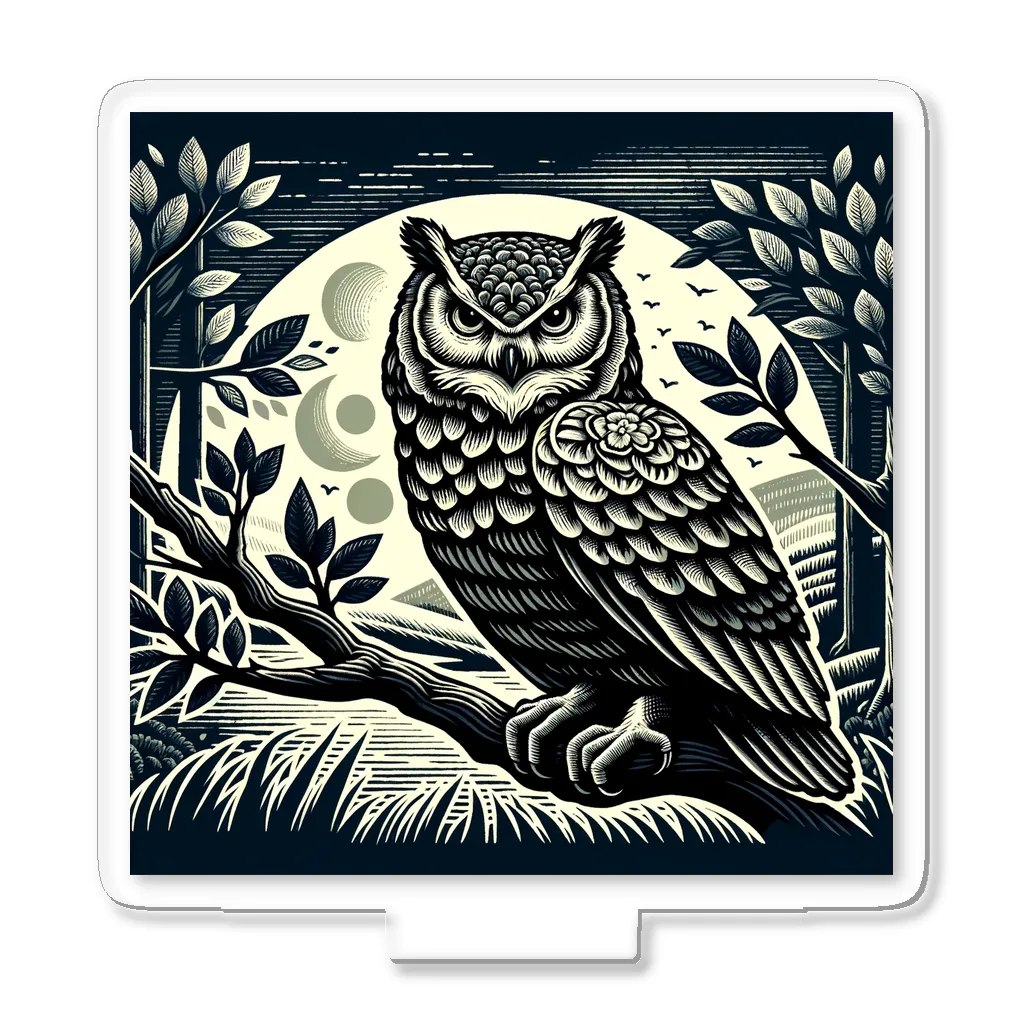 kotpopのOwl gazing from a branch Acrylic Stand