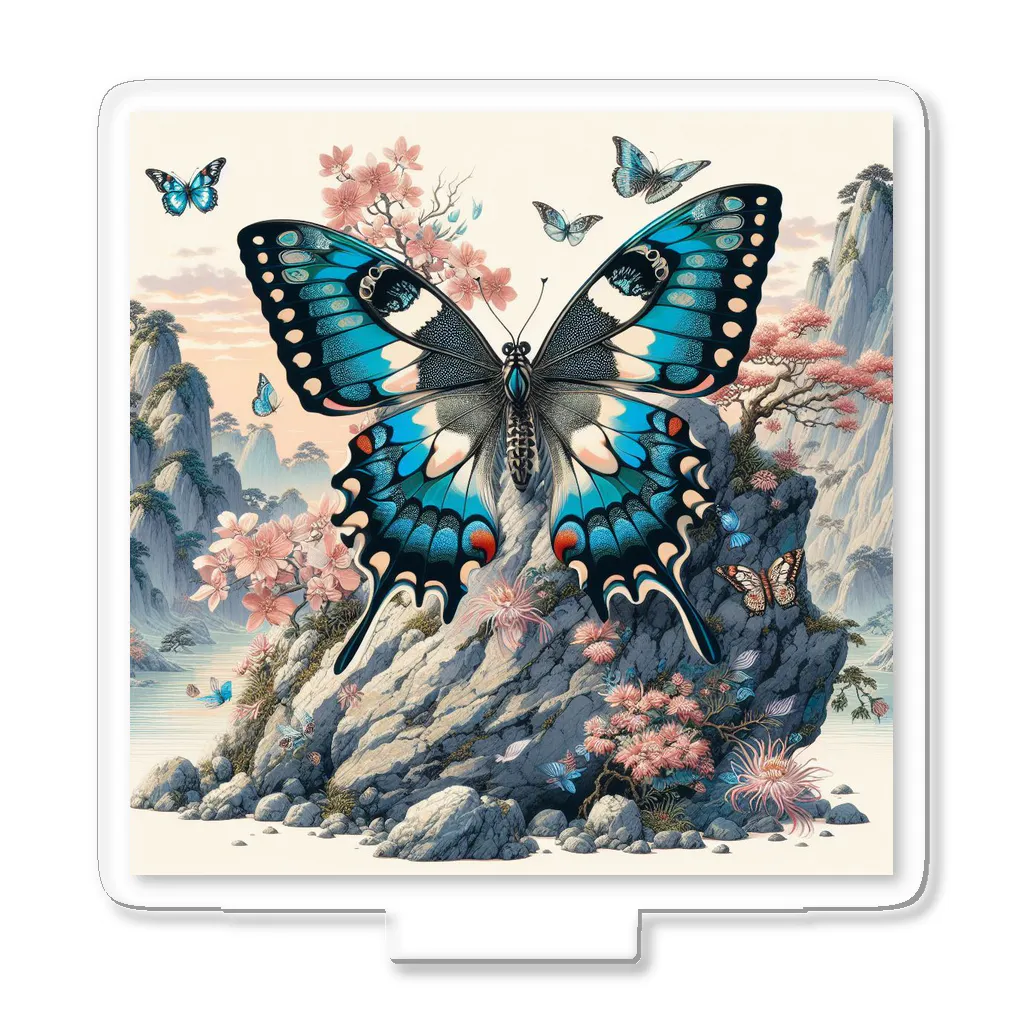 momonekokoの岩場の上で華やかに舞う蝶と咲き誇る花々 Acrylic Stand
