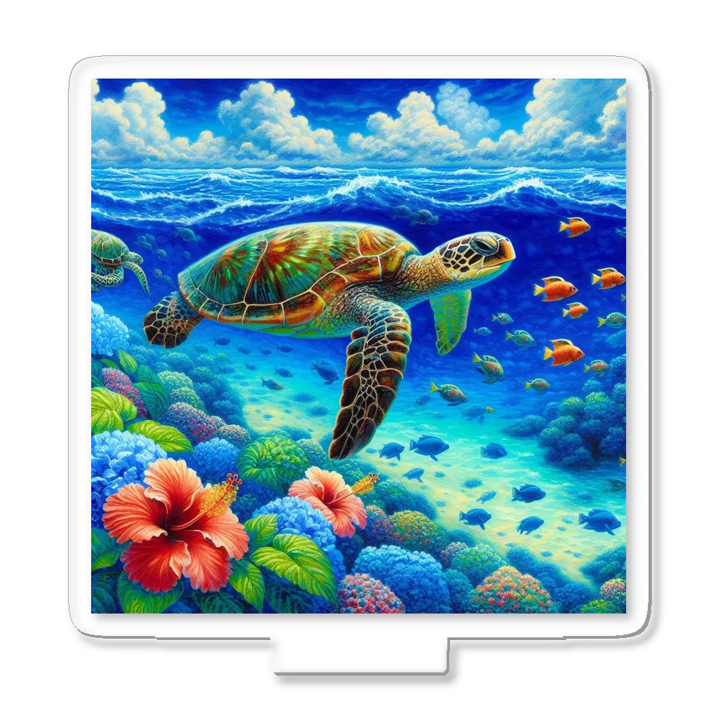 日本の風景 COOL JAPANの日本の風景:沖縄渡嘉志久ビーチの泳ぐ海がめ、Japanese scenery: Sea turtle swimming at Tokashiki Beach, Okinawa Acrylic Stand