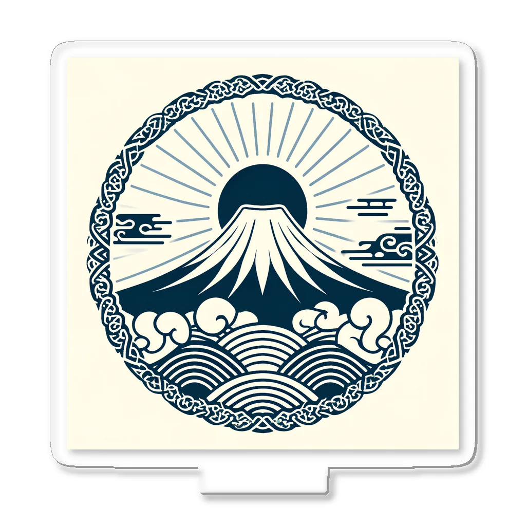 Cool Japanese CultureのMinimalist Traditional Japanese Motif Featuring Mount Fuji and Seigaiha Patterns Acrylic Stand