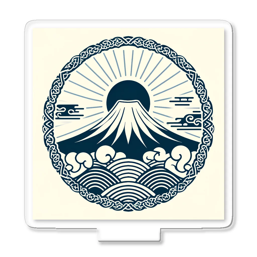 Cool Japanese CultureのMinimalist Traditional Japanese Motif Featuring Mount Fuji and Seigaiha Patterns アクリルスタンド