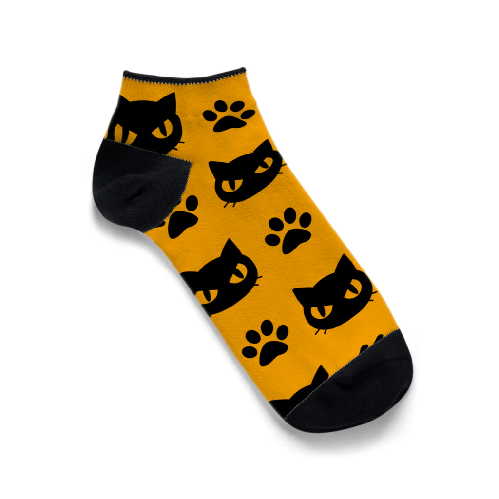 mkumakumaの黒猫と足跡黄 Ankle Socks
