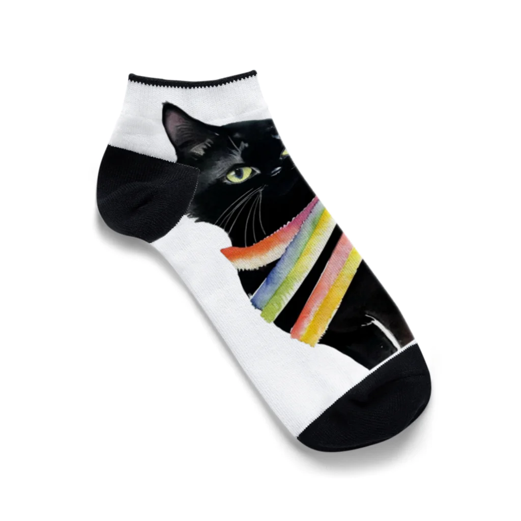 幸運のしっぽの黒猫と虹の首輪 Ankle Socks