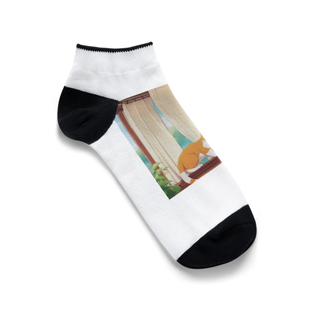 wtr3045のカーテンで遊んでいる猫 Ankle Socks