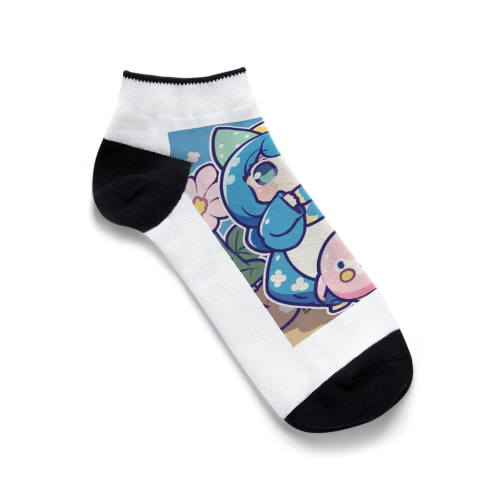 カピパーラ🐻の青い髪の姫とピンクのかわいい生物♪ Ankle Socks