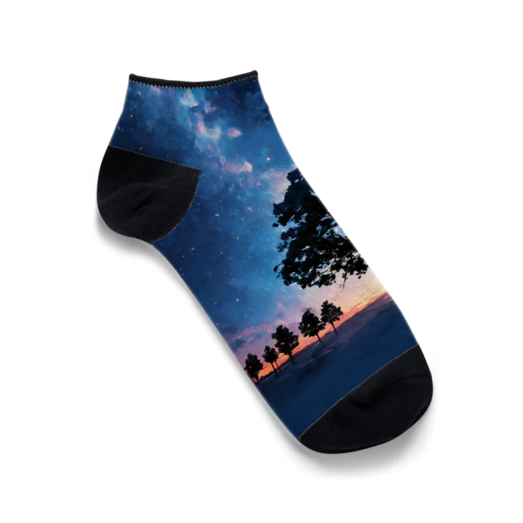 猫との風景の風景_星空と木 Ankle Socks