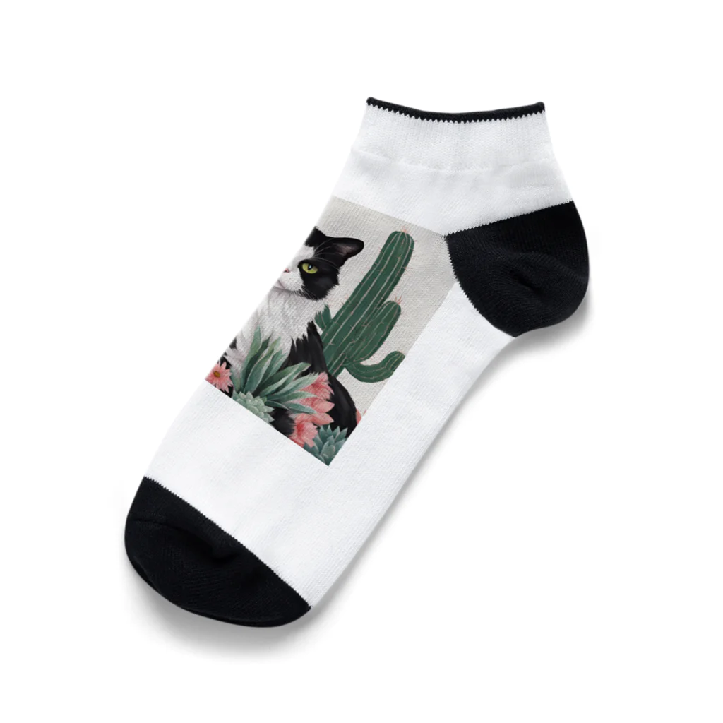 capcat1919のハチワレ白黒猫とサボテン Ankle Socks