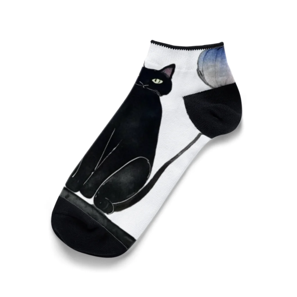 幸運のしっぽの黒猫と花 Ankle Socks