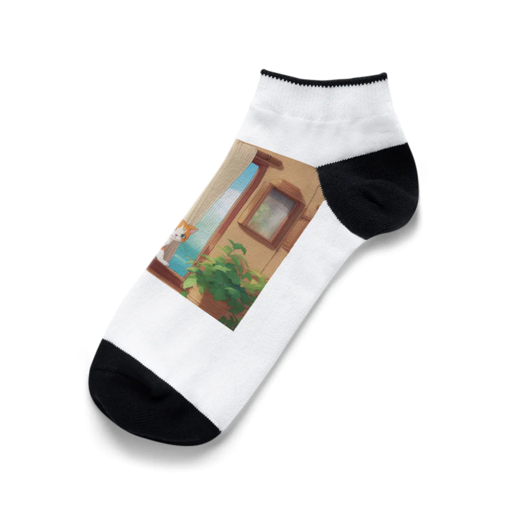 wtr3045のカーテンで遊んでいる猫 Ankle Socks