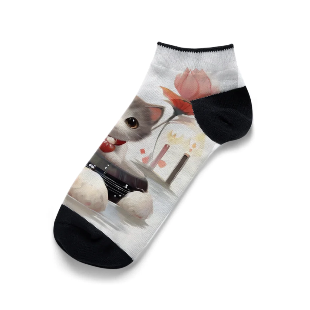 恥ずかしがり屋のねこショップの猫とお花 Ankle Socks