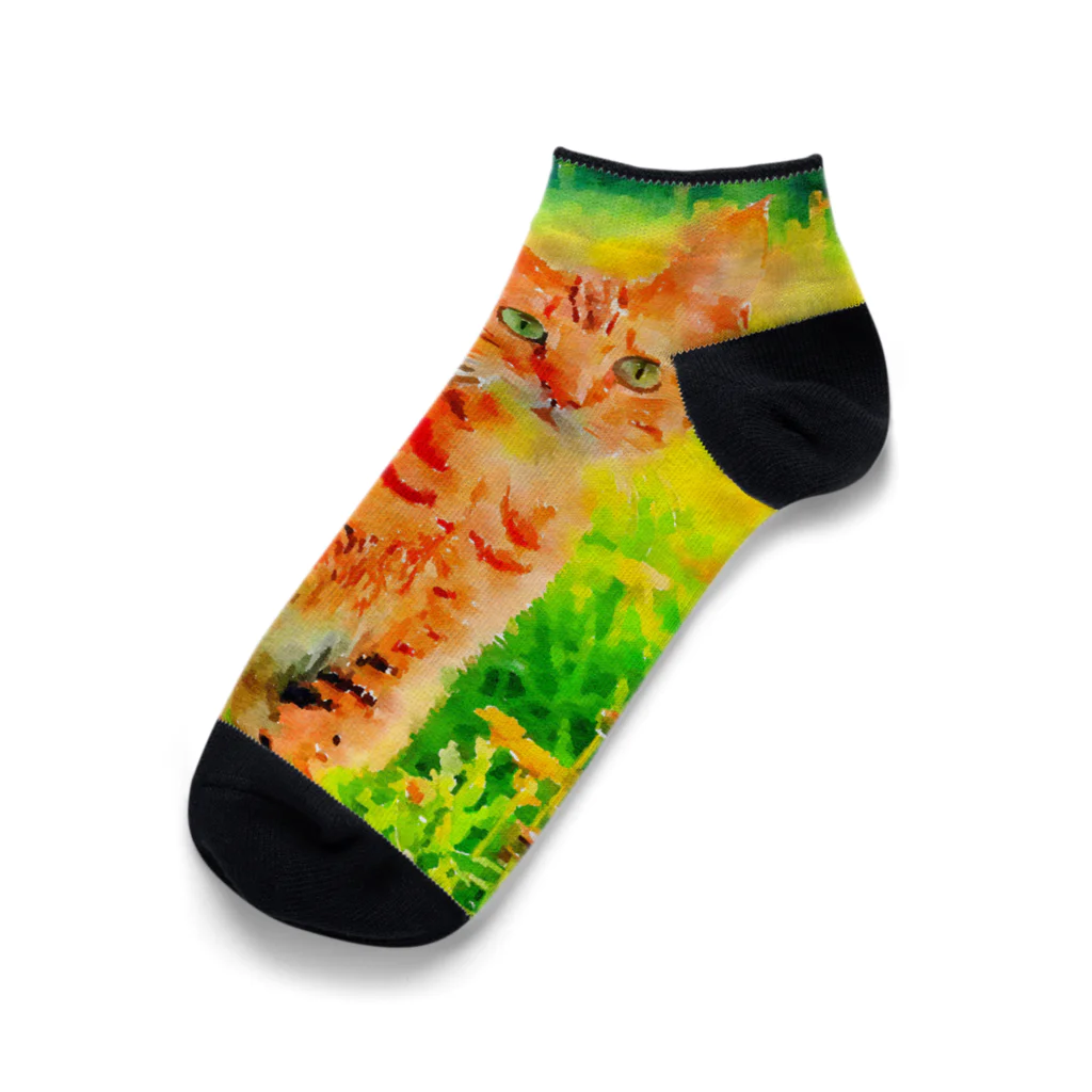 猫好きの谷の猫の水彩画/花畑のオシキャットねこのイラスト/キジトラネコ Ankle Socks