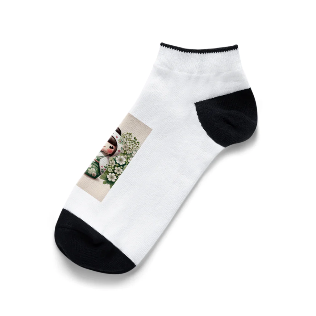 ぷぷオレンジのkokeshi dolls白い花 Ankle Socks