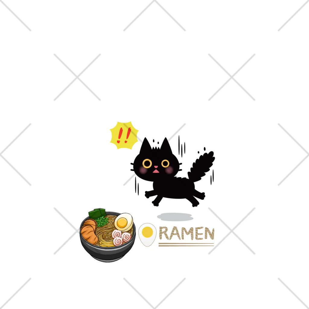 MirofuruDesignのラーメンが大好きな黒猫がラーメンを見つけて驚いている くるぶしソックス