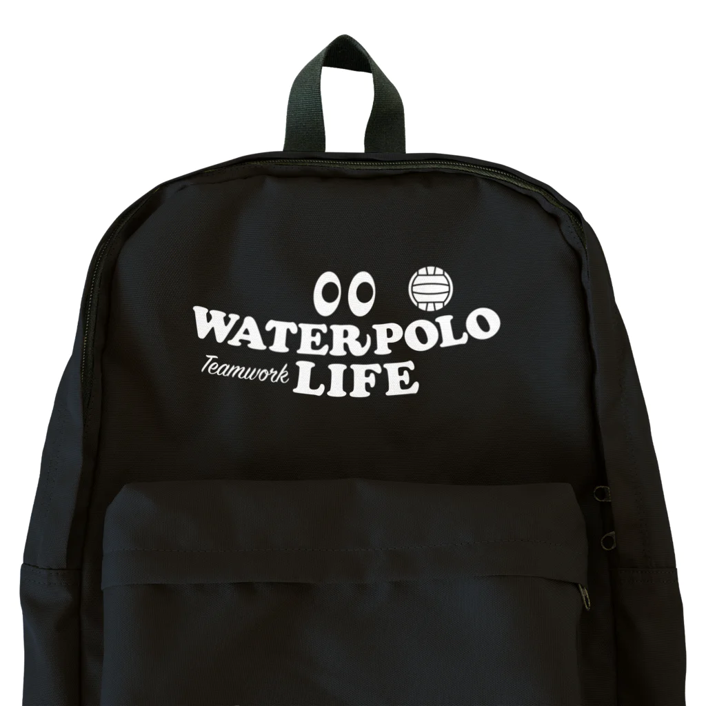 sports_tower スポーツタワーの水球・目玉・白・すいきゅう・WATER POLO・デザイン・Tシャツ・かっこいい・かわいい・男子・女子・ボール・スポーツ・巻き足・ハンドリング・出足・ドリブル・リターン・ワンタッチシュート・チームワーク Backpack