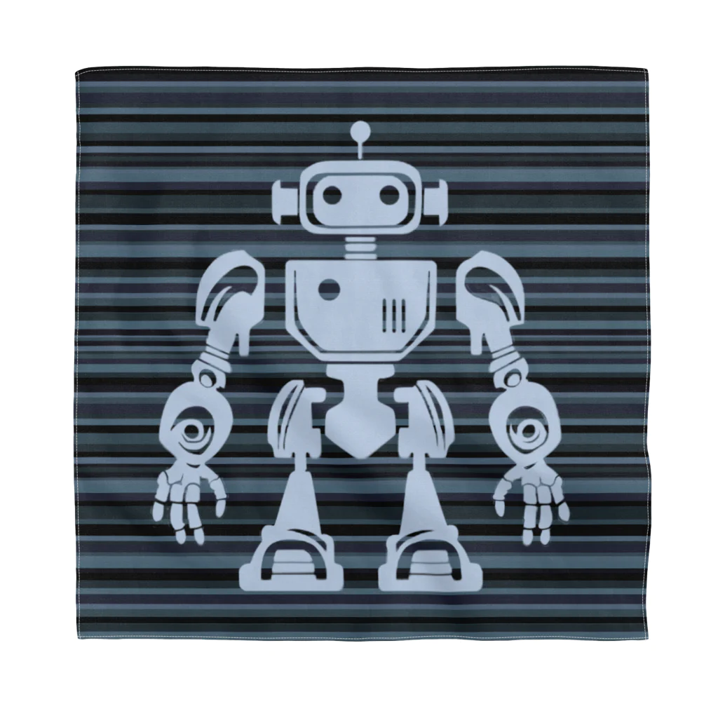 mirinconixの黒と青みがかったグレーのボーダー地にレトロなロボットのシルエット バンダナ
