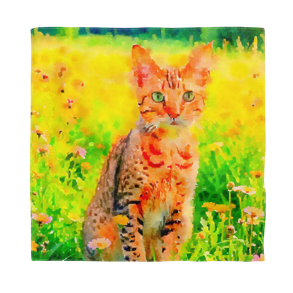 猫好きの谷の猫の水彩画/花畑のオシキャットねこのイラスト/キジトラネコ Bandana