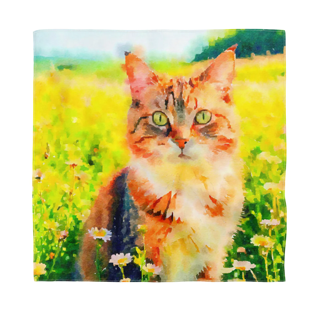 猫好きの谷の猫の水彩画/花畑のマンクスねこのイラスト/キジトラネコ バンダナ