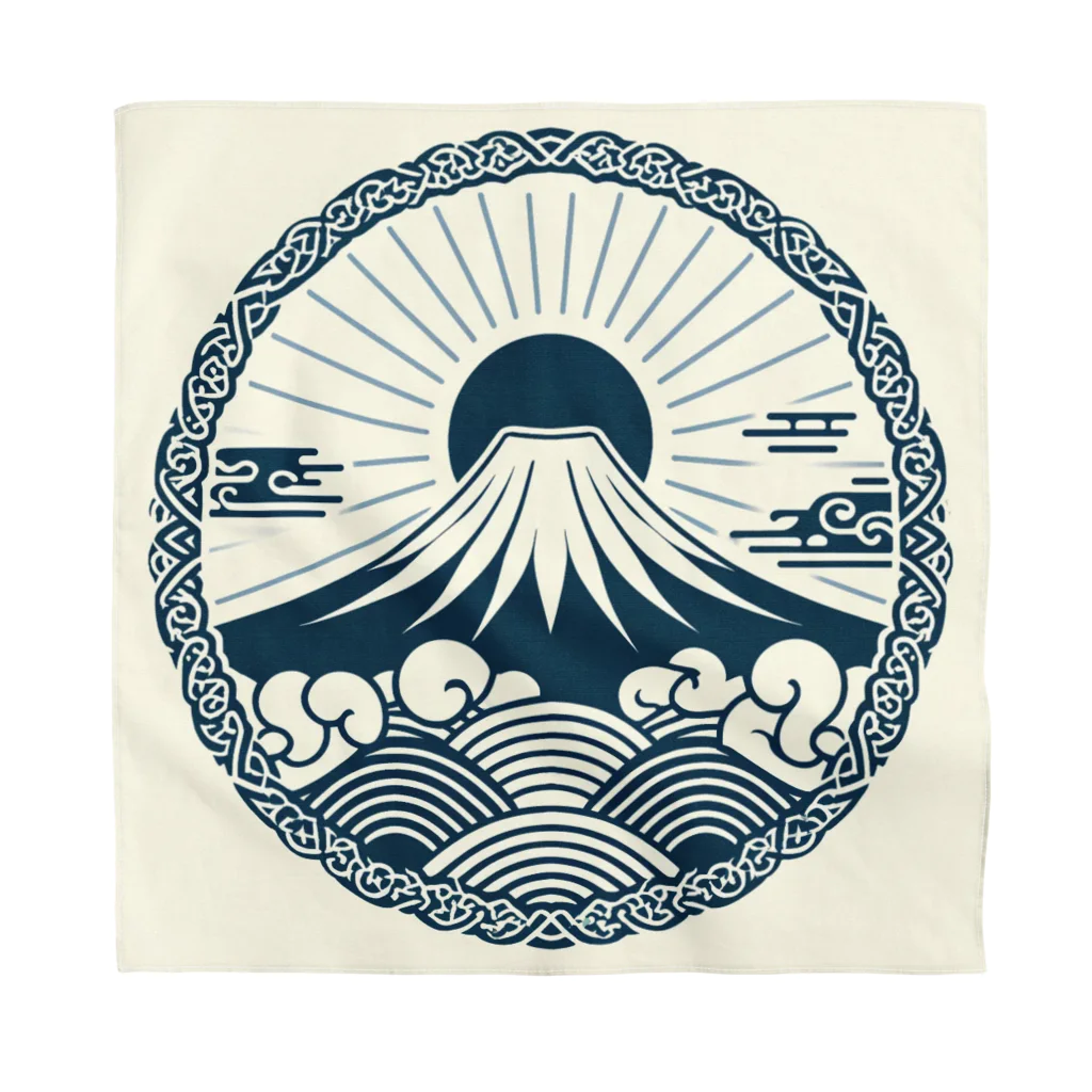 Cool Japanese CultureのMinimalist Traditional Japanese Motif Featuring Mount Fuji and Seigaiha Patterns バンダナ