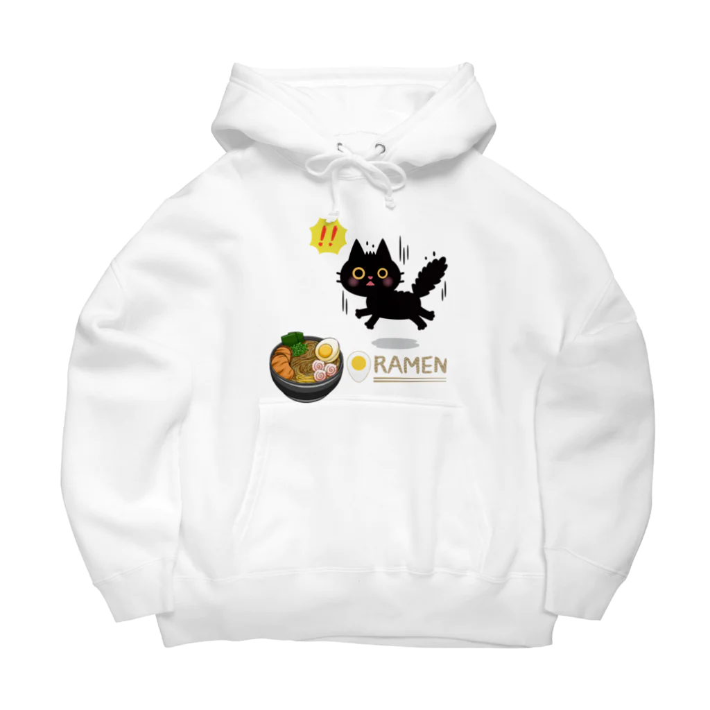 MirofuruDesignのラーメンが大好きな黒猫がラーメンを見つけて驚いている Big Hoodie