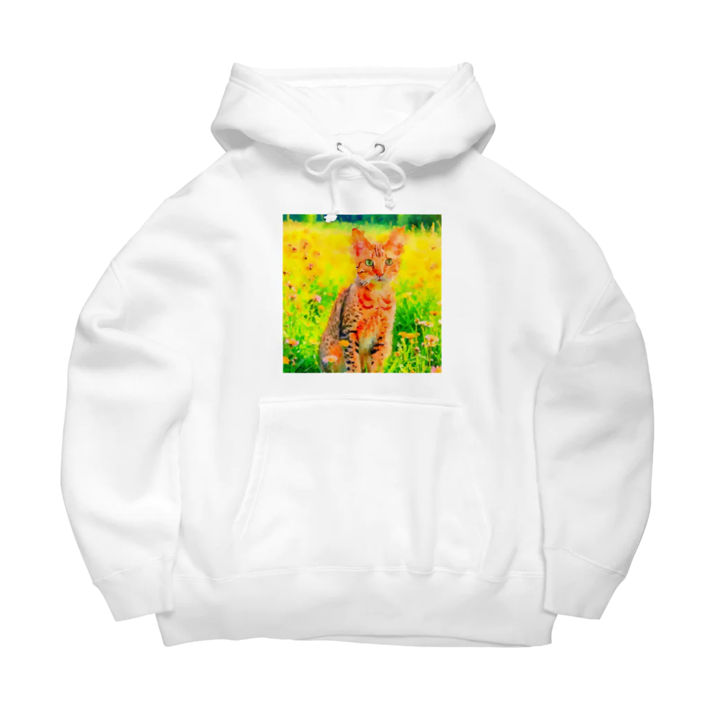 猫好きの谷の猫の水彩画/花畑のオシキャットねこのイラスト/キジトラネコ Big Hoodie