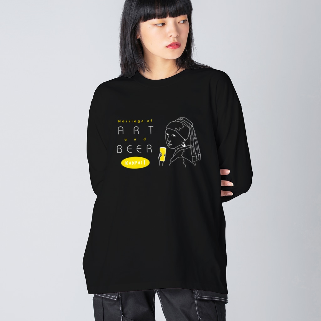TM-3 Designの名画 × BEER（真珠の耳飾りの少女・アートとビールのマリアージュ）白線画 Big Long Sleeve T-Shirt
