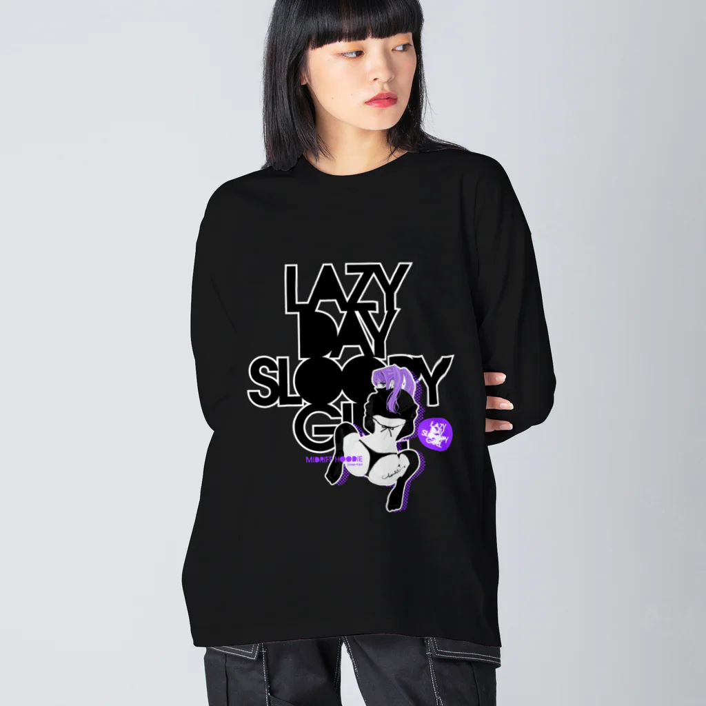 loveclonesのLAZY DAY SLOOPY GIRL 0574 ブラックフーディー女子 エロポップ ロゴ ビッグシルエットロングスリーブTシャツ