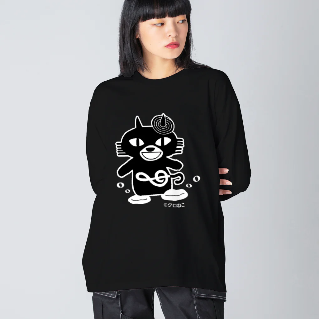 クロねこアワにゃん🐱のモノクロアワにゃん ビッグシルエットロングスリーブTシャツ