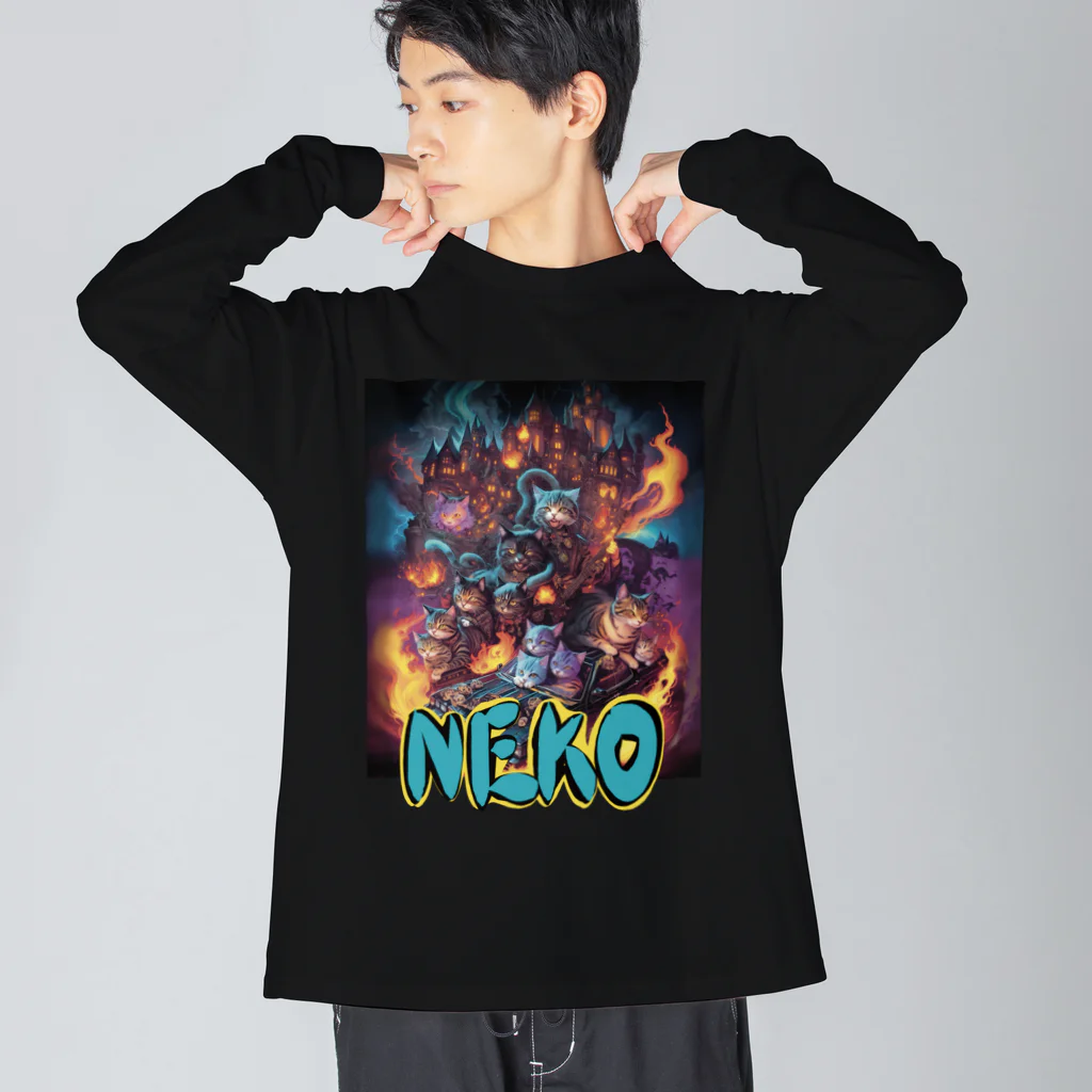 NEKOMETALの炎のドライブ猫ちゃん ビッグシルエットロングスリーブTシャツ