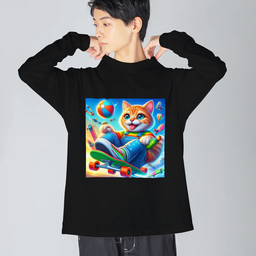 ニャーちゃんショップのスケボーキャット ビッグシルエットロングスリーブTシャツ