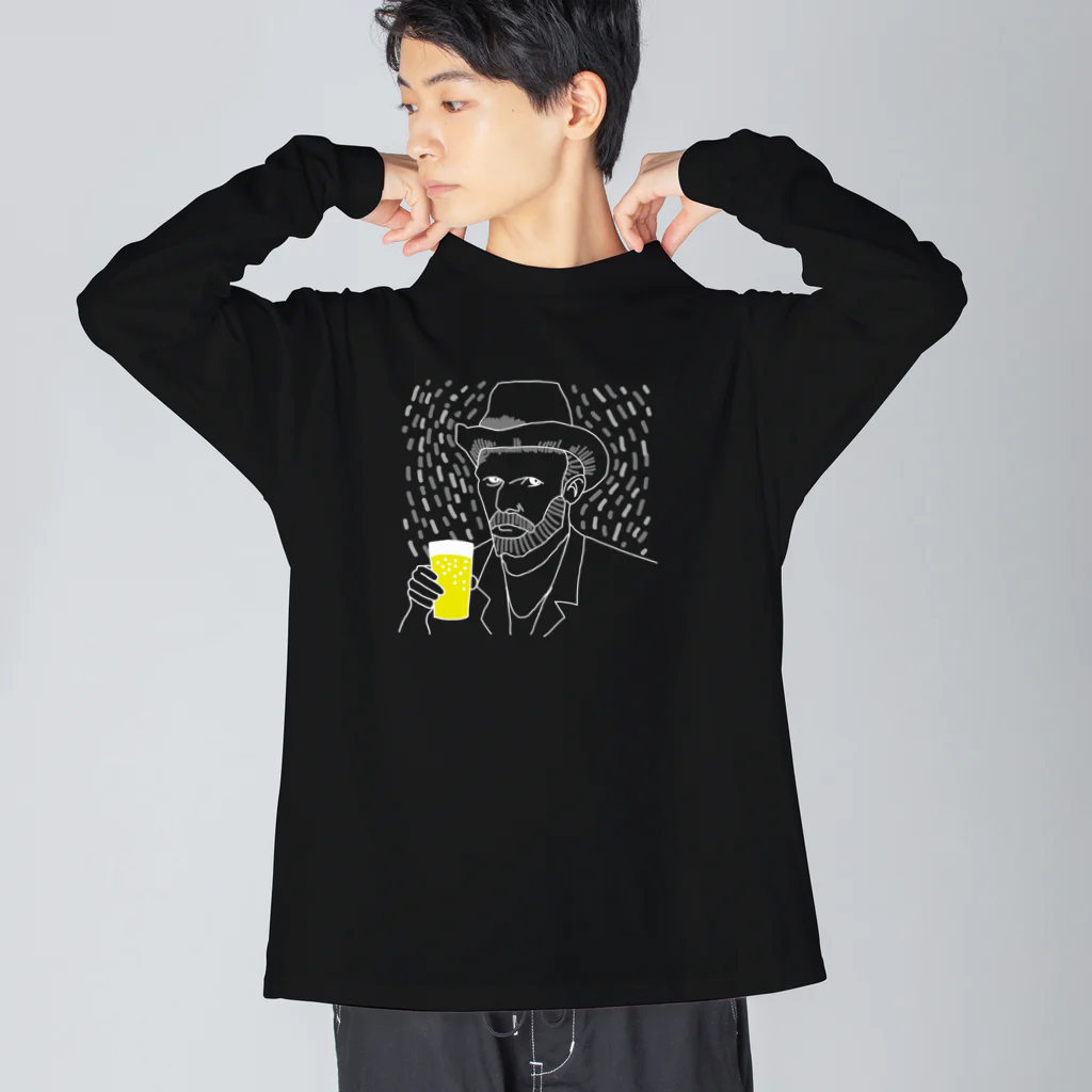 ビールとアート TM-3 Designの名画 × BEER（ゴッホ自画像）白線画 *文字なしver. ビッグシルエットロングスリーブTシャツ