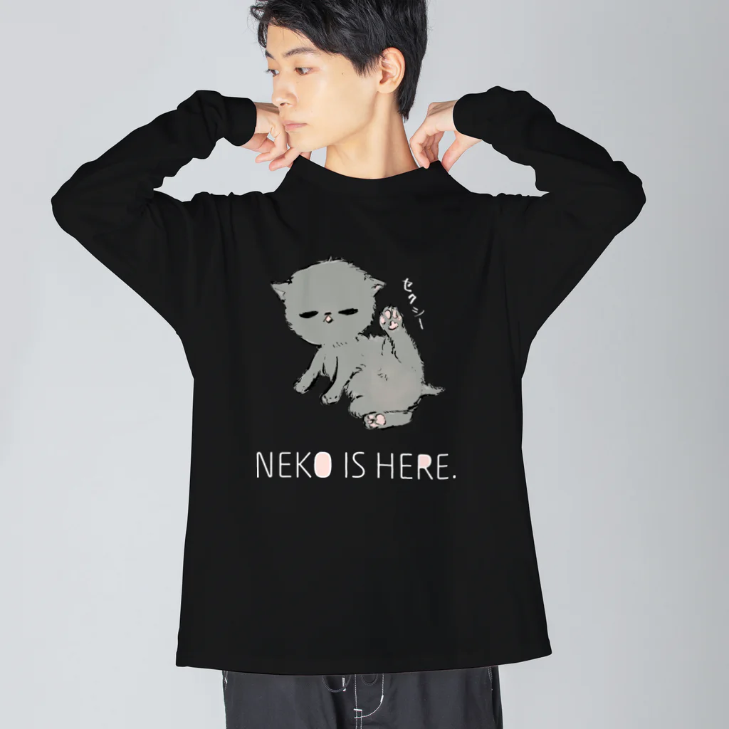 アライグマ製作所（SUZURI)のNEKO IS HERE.白文字 Big Long Sleeve T-Shirt