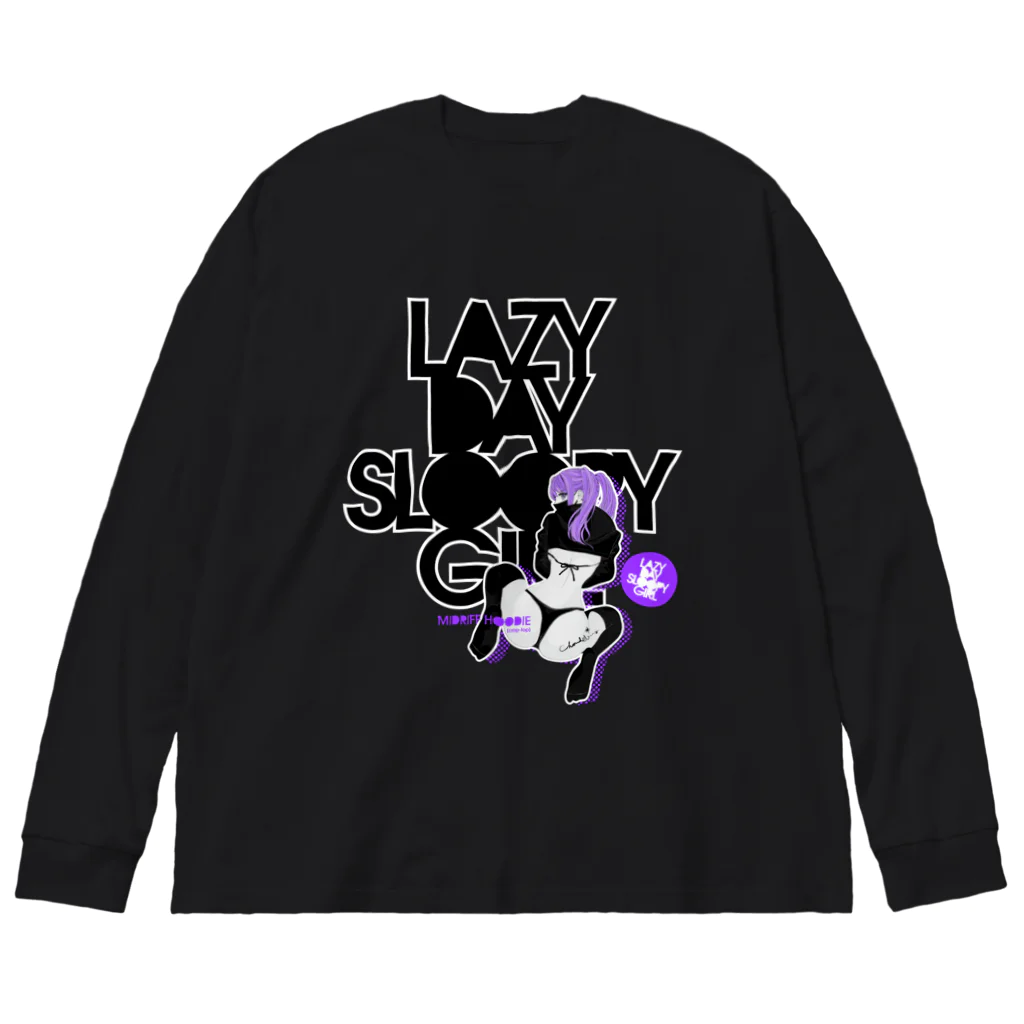 loveclonesのLAZY DAY SLOOPY GIRL 0574 ブラックフーディー女子 エロポップ ロゴ Big Long Sleeve T-Shirt