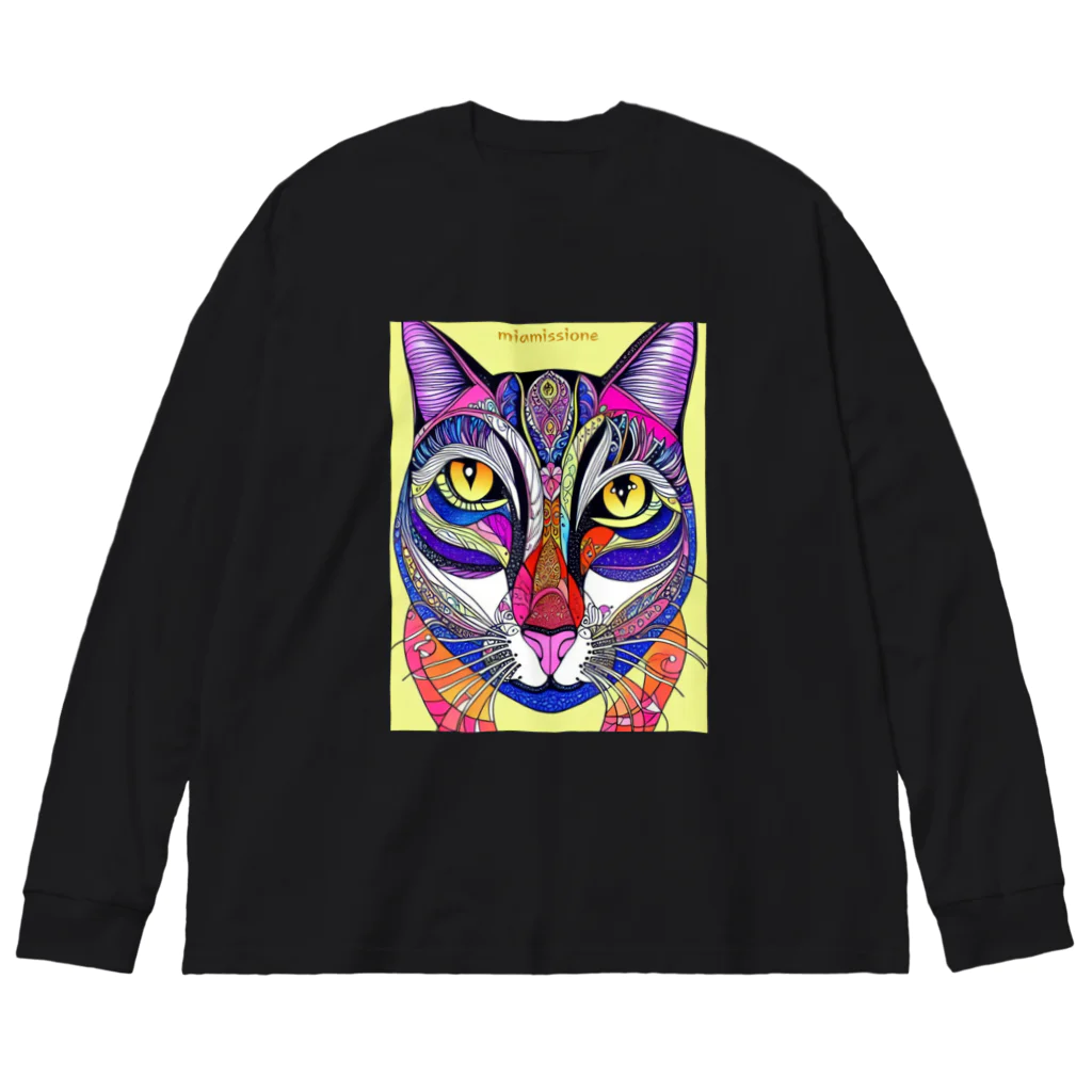 miamissioneのカラフルでエスニックテイストでポップな猫－Colorful, ethnic flavored, pop cat. ビッグシルエットロングスリーブTシャツ