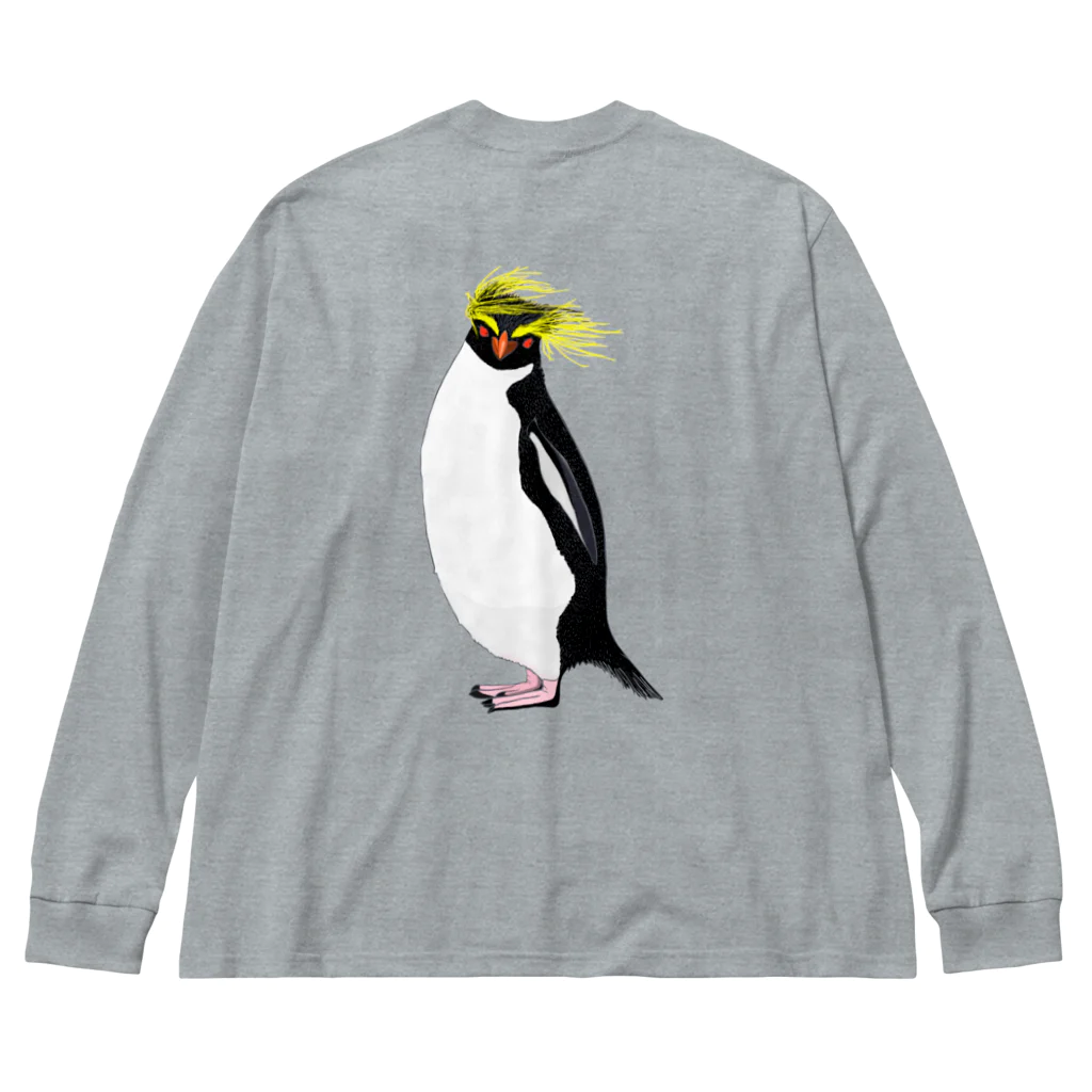 LalaHangeulの風に吹かれるイワトビペンギンさん(文字無しバージョン) バックプリント Big Long Sleeve T-Shirt