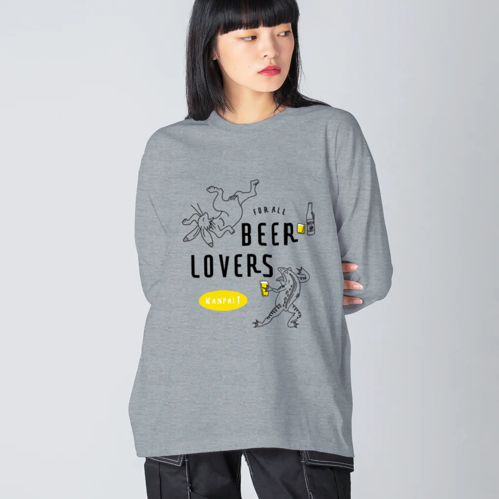 ビールとアート TM-3 Designの名画 × BEER（鳥獣戯画・すべてのビール好きのために）黒線画 ビッグシルエットロングスリーブTシャツ