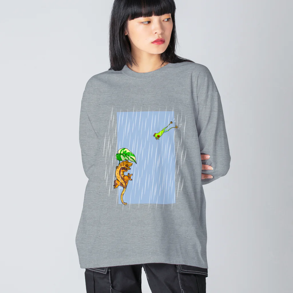 檸檬飴の雨の日のアカメアマガエルとクレステッドゲッコー(ピンストライプ) Big Long Sleeve T-Shirt