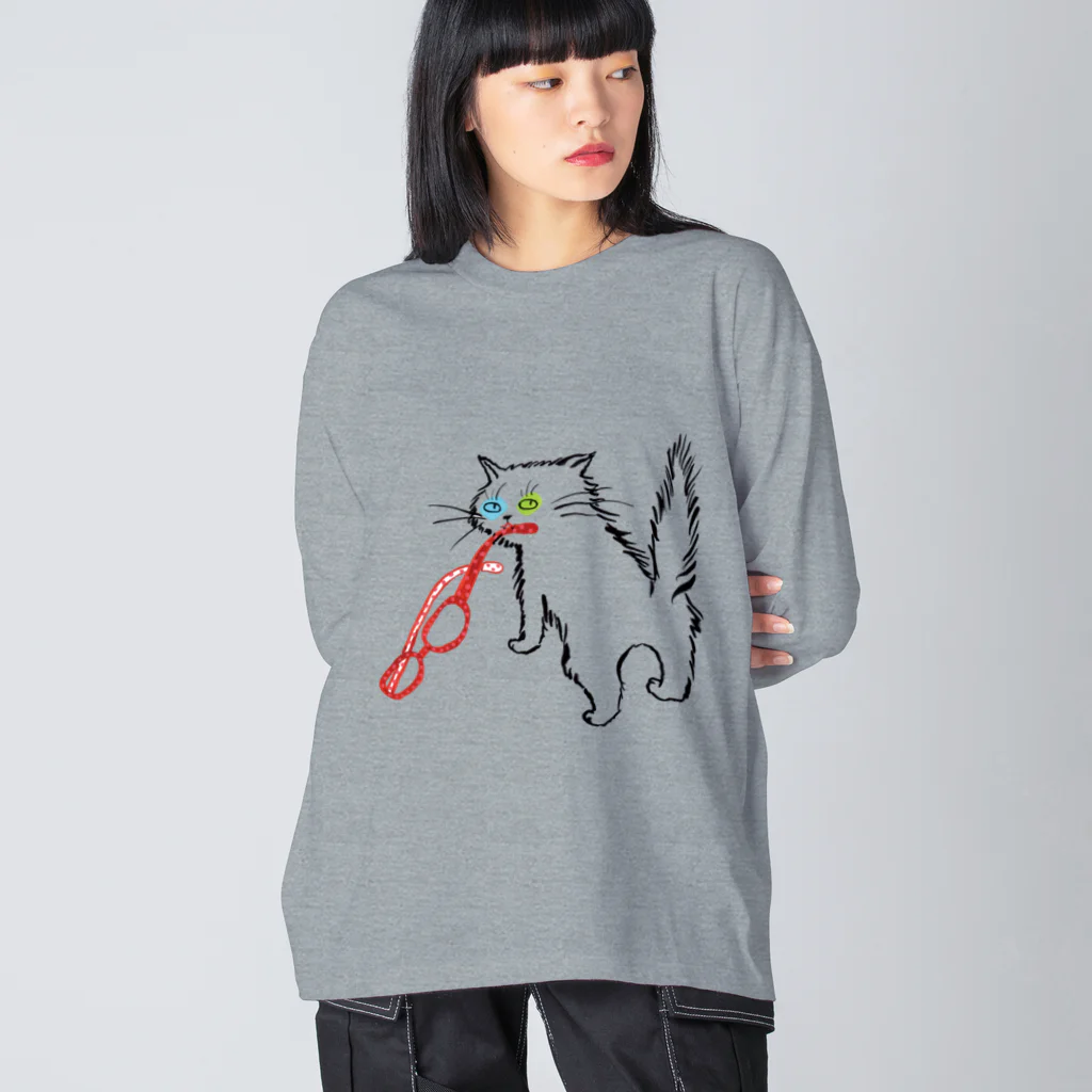 マイマイタケのメガネをくわえたオッドアイねこ ビッグシルエットロングスリーブTシャツ