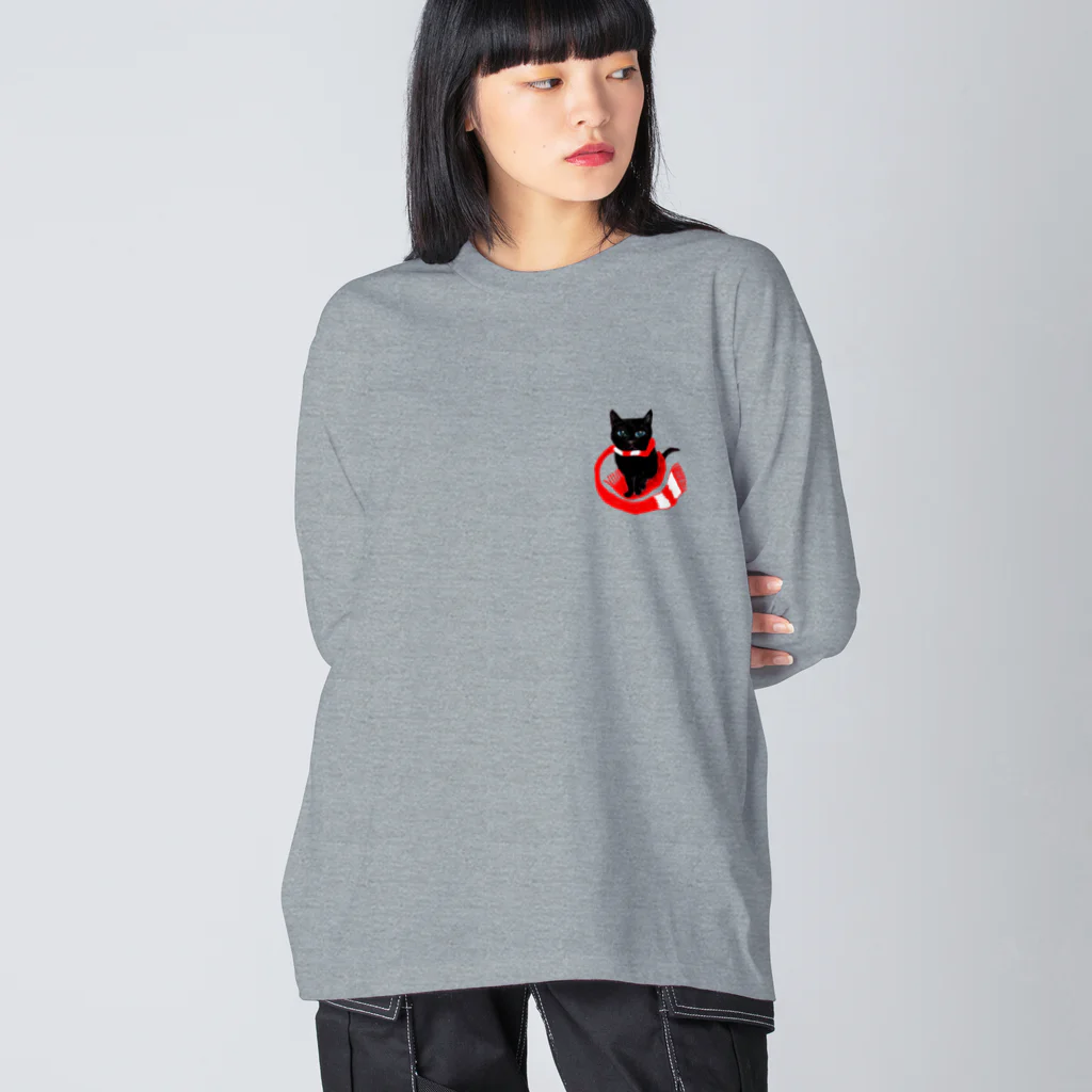 信州猫屋敷の赤マフラー黒猫 Big Long Sleeve T-Shirt