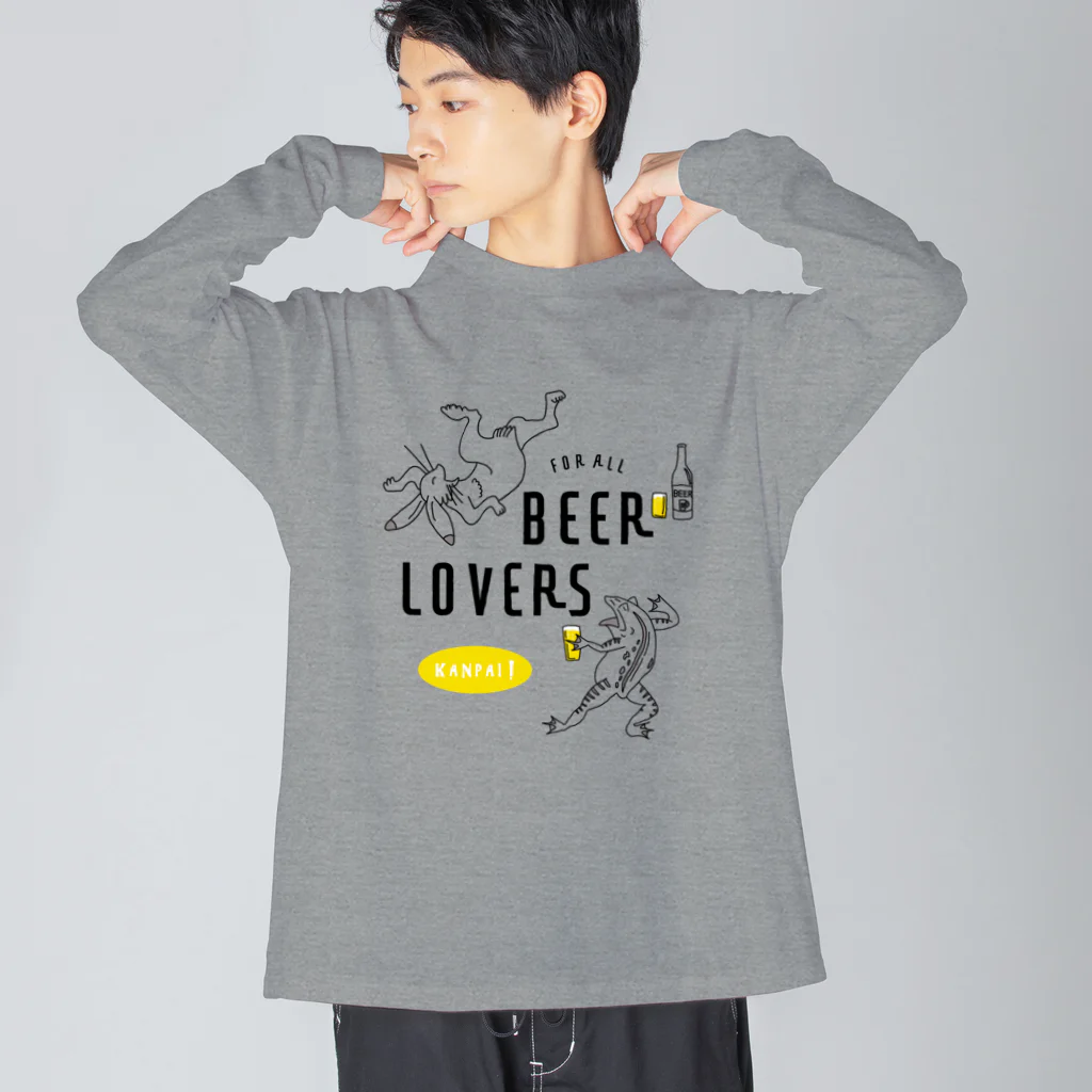ビールとアート TM-3 Designの名画 × BEER（鳥獣戯画・すべてのビール好きのために）黒線画 ビッグシルエットロングスリーブTシャツ