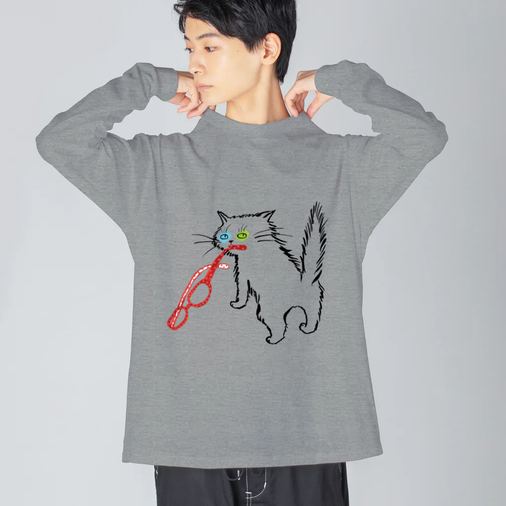 マイマイタケのメガネをくわえたオッドアイねこ ビッグシルエットロングスリーブTシャツ